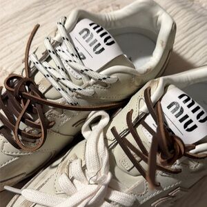 Miu Miu Cream Sneakers with Brown and White Laces